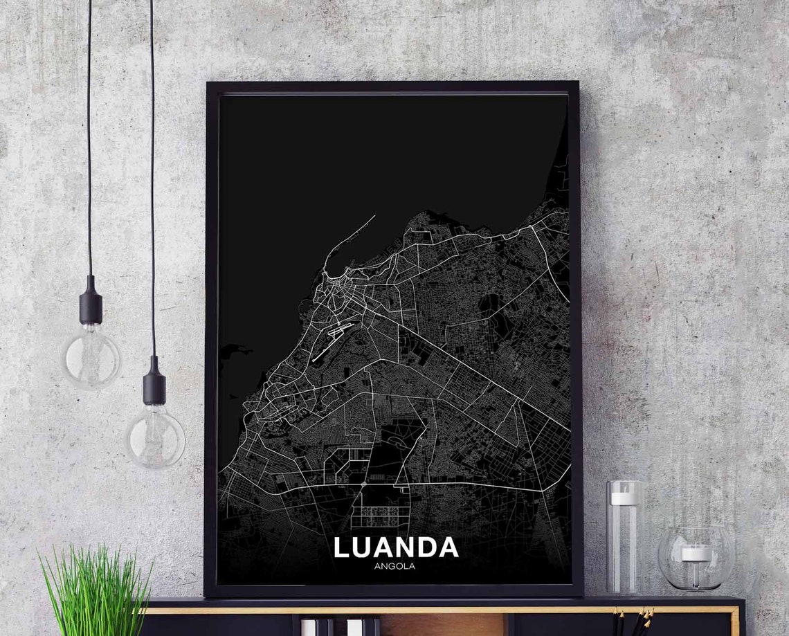Luanda Angola City Map White Line Black Background Art Poster