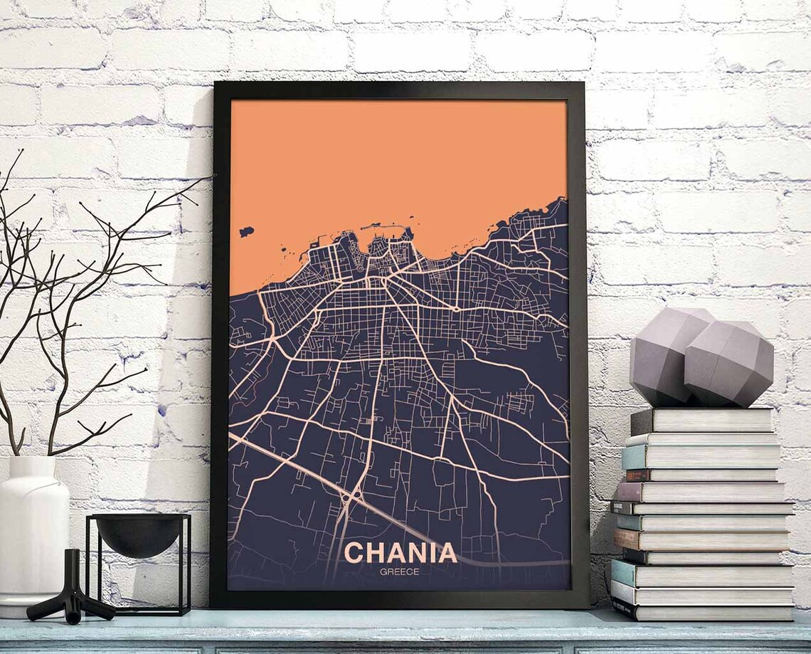 Chania Greece Map Poster, Modern Travel Art Print