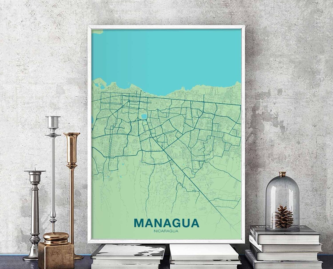 Managua Nicaragua Teal Green Minimal City Street Map Wall Poster