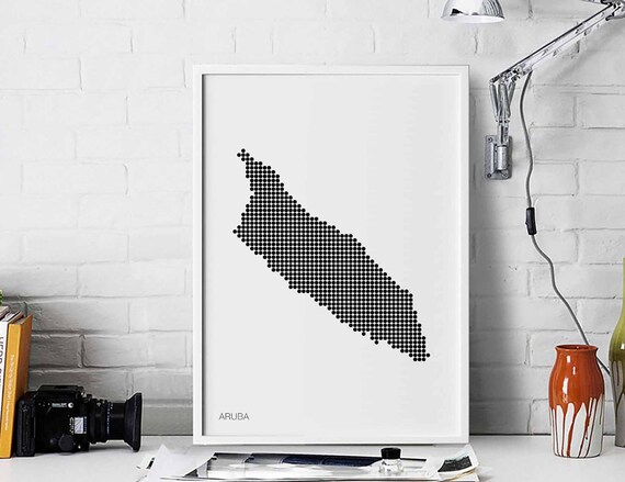 Aruba Minimal Dots Retro Map Poster Black White Wall Decor Design Modern Swiss Scandinavian Nordic Housewarming Travel Bedroom