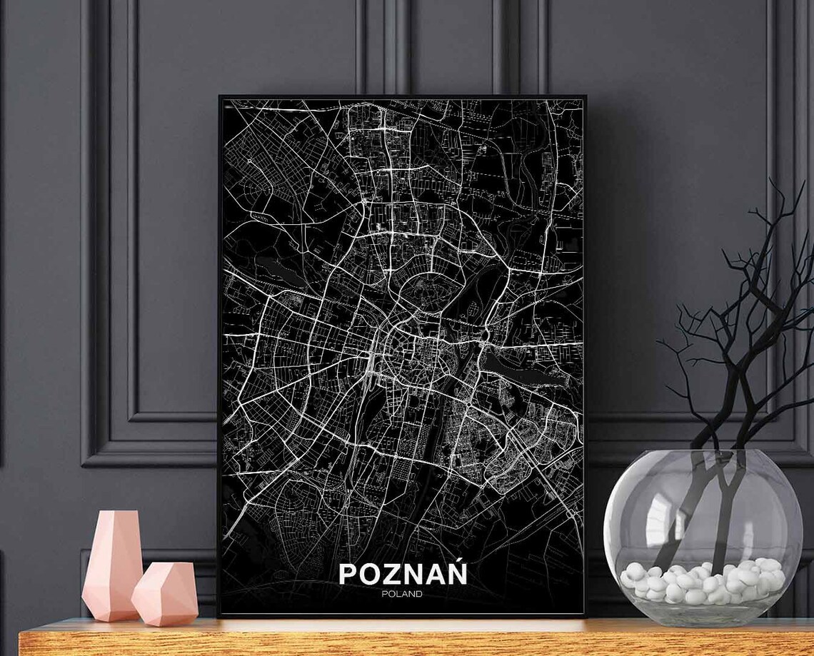 Poznan Poland Black City Street Map Minimalist Travel Art Poster