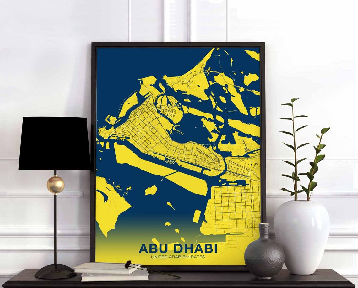 Abu Dhabi UAE Navy And Yellow City Map Modern Wall Art Design
