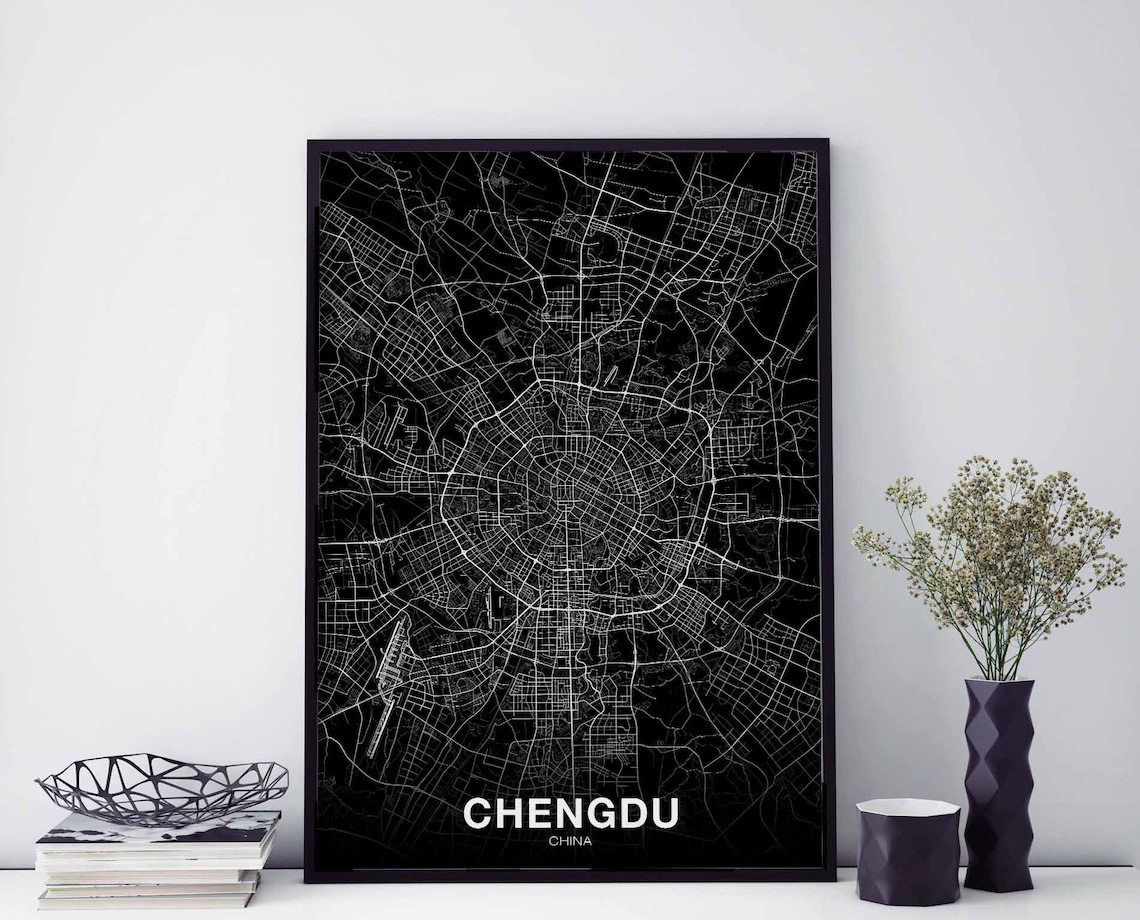 Chengdu China Street Map Black Background Modern City Poster