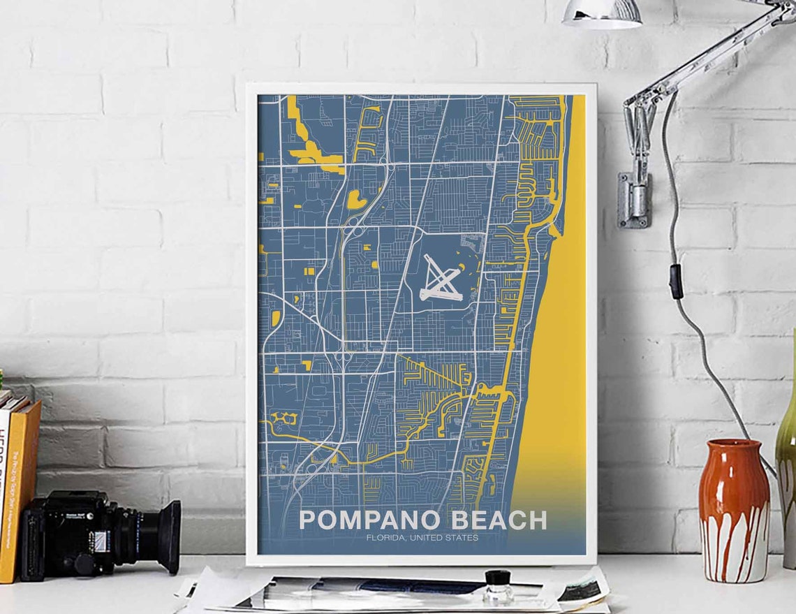 Pompano Beach Florida Blue Yellow City Street Map Color Poster
