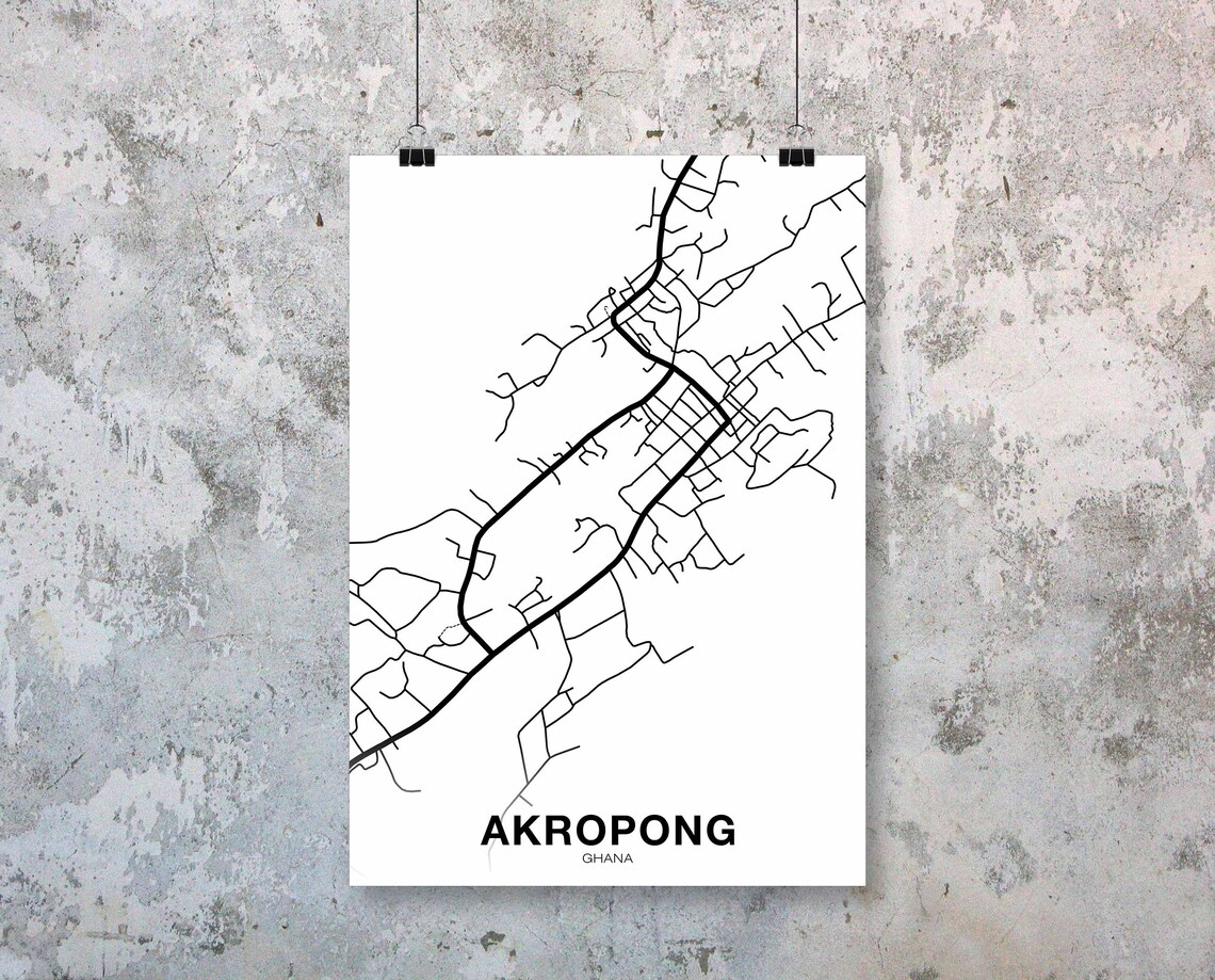 Akropong Ghana Map Poster, Modern Home Decor