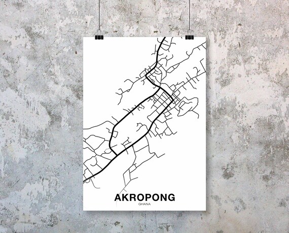 Akropong Ghana Map Poster, Modern Home Decor
