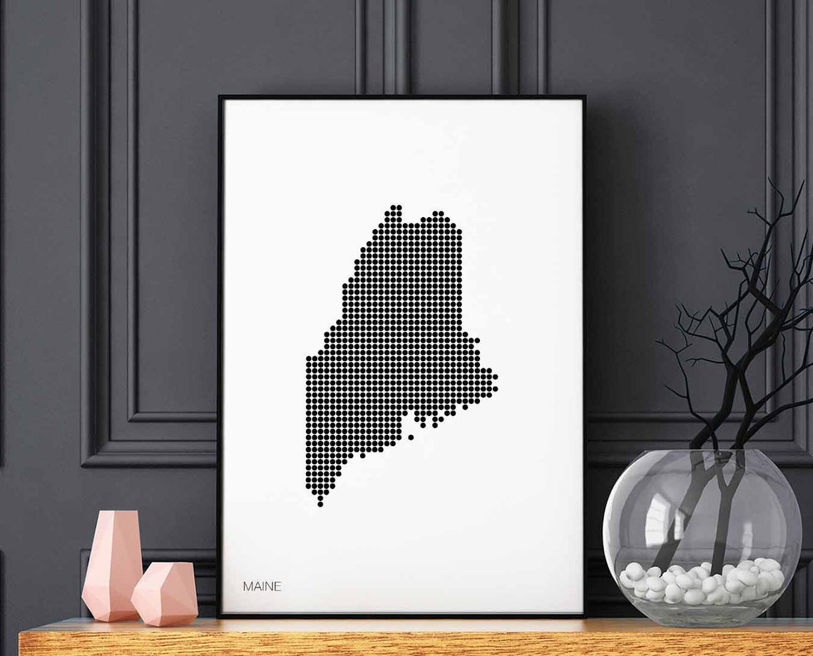Maine State Dotted Map Minimalist Black White Retro Style Wall Art