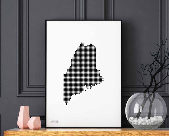 Maine Us State Minimal Dots Retro Map Poster Black White Wall Decor Design Modern Swiss Scandinavian Nordic Housewarming Travel