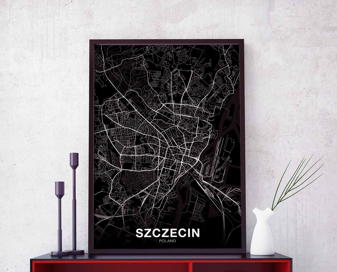Szczecin Poland Street Map Black Minimalist Modern City Art Poster