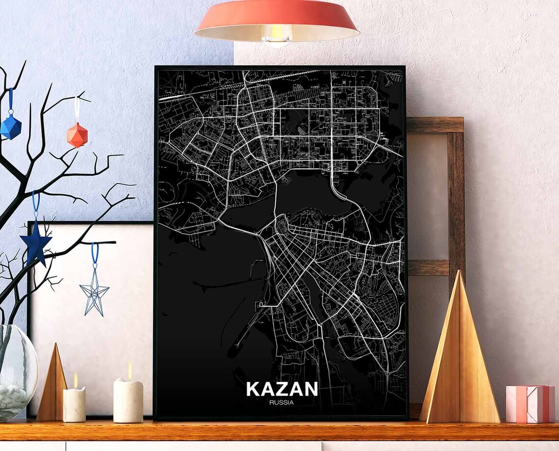 Kazan Russia City Street Map Black Night Modern Decor Poster
