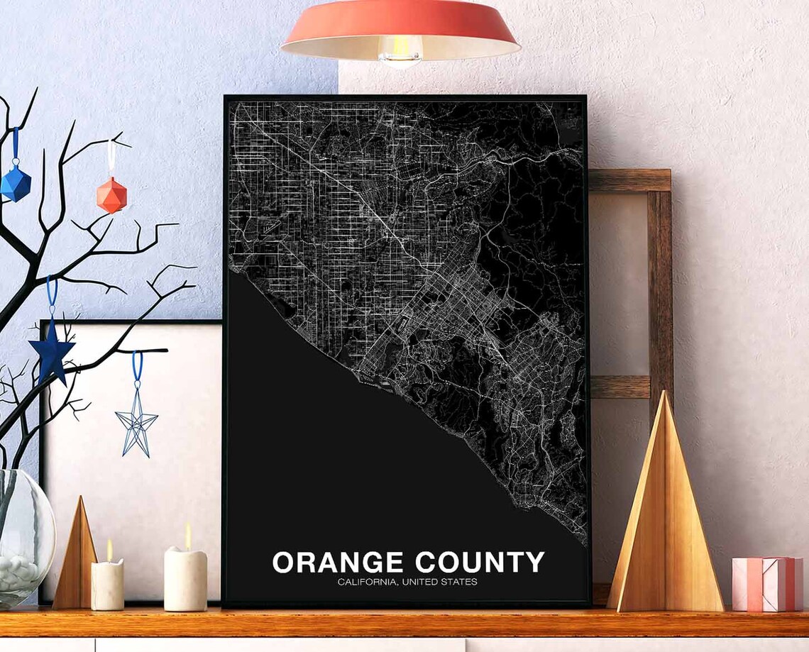 Orange County CA USA Map Poster, Modern Home Decor