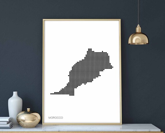 Morocco Minimal Dots Retro Map Poster Black White Wall Decor Design Modern Swiss Scandinavian Nordic Housewarming Travel