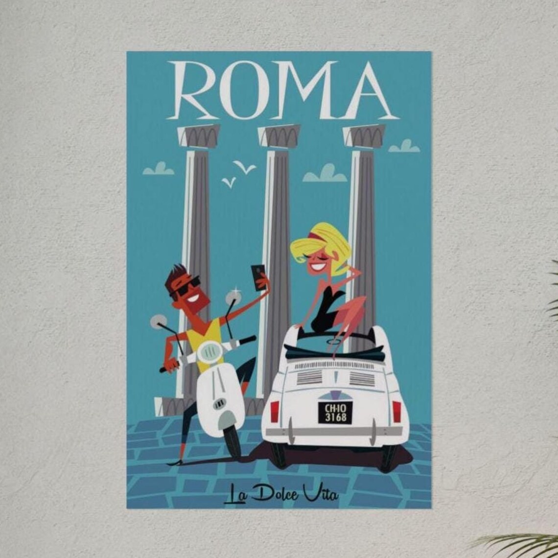 Roma La Dolce Vita Retro Scooter Ancient Columns Italian Travel Poster