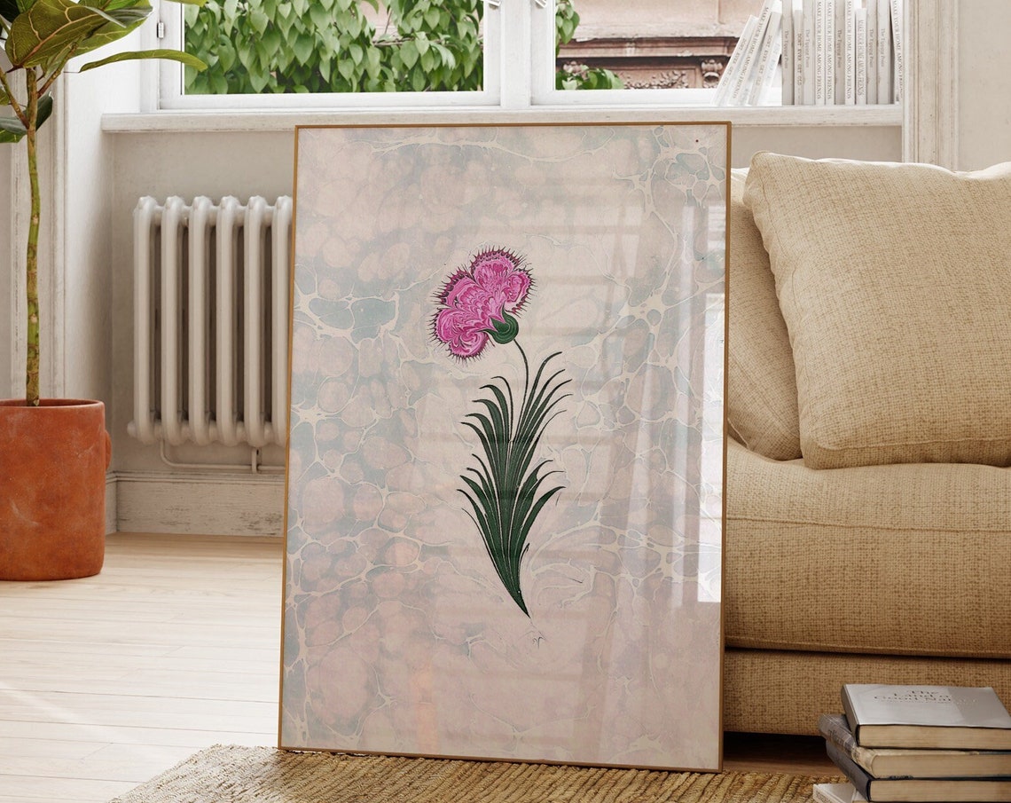 Pink Carnation Single Bloom Marbled Paper Botanical Art Wall Print