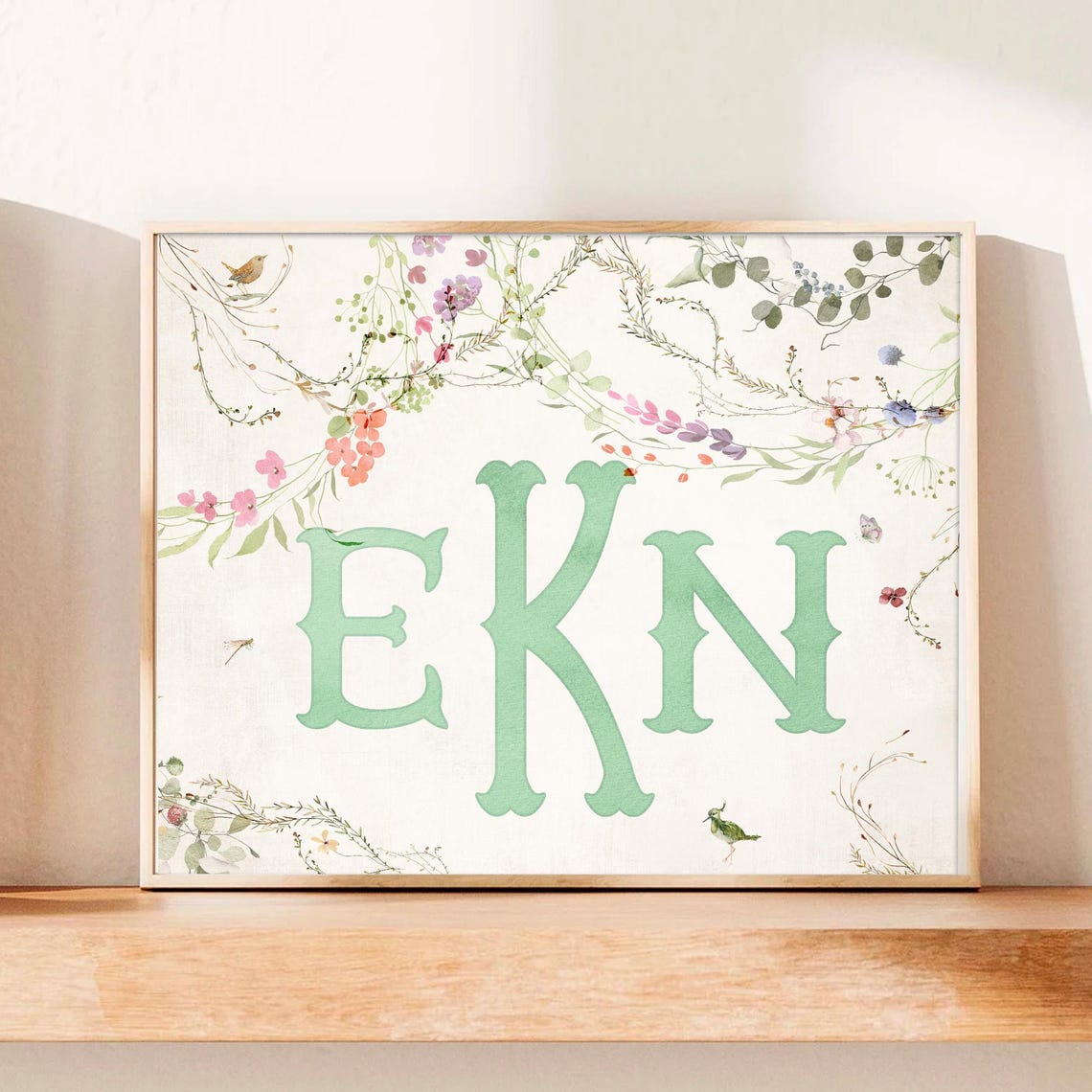 Vintage Nursery Monogram Print Custom Wall Art Neutral Decor Name Personalized Initial Floral