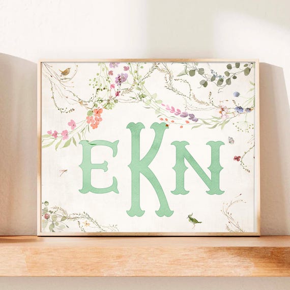Vintage Nursery Monogram Print Custom Wall Art Neutral Decor Name Personalized Initial Floral
