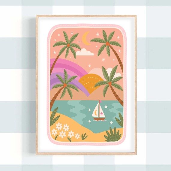 Paradise Island Sunset Sailboat Tropical Nursery Beach Art Poster
