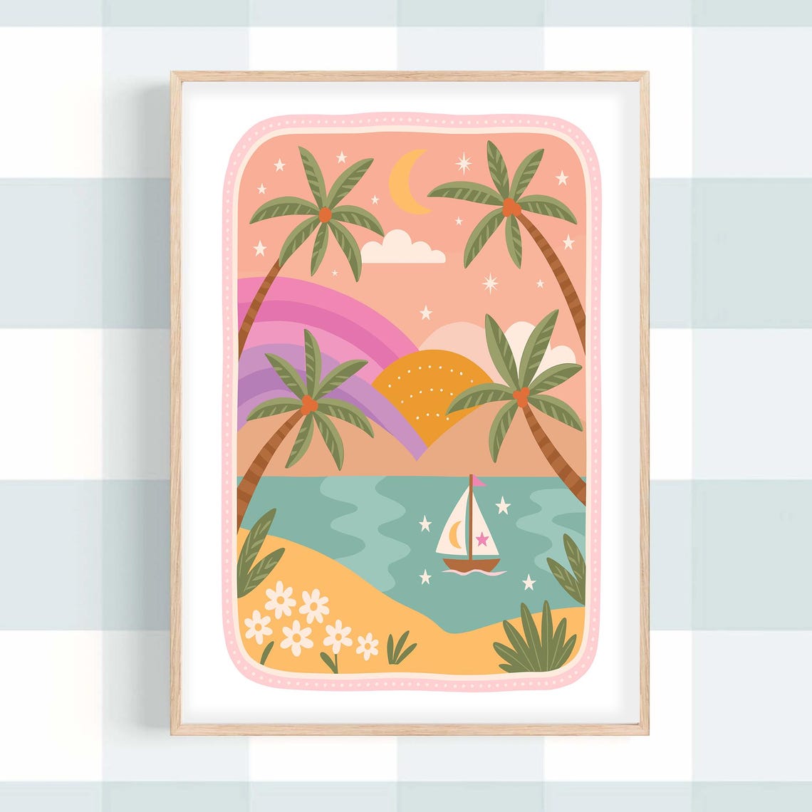 Paradise Island Sunset Sailboat Tropical Nursery Beach Art Poster