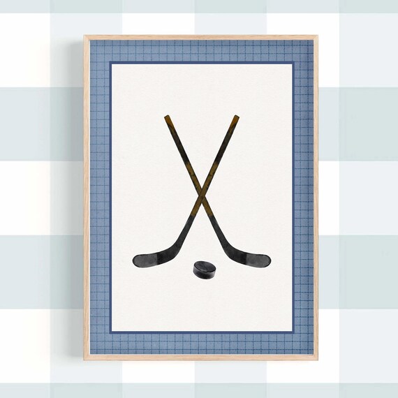 Crossed Wooden Hockey Sticks and Puck in Navy Border Sports Poster