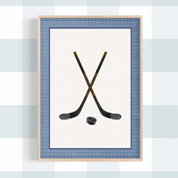 Hockey Sticks Navy Blue Decor Retro Sports Nursery Print