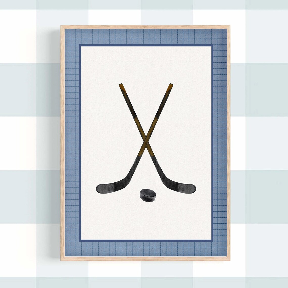 Crossed Wooden Hockey Sticks and Puck in Navy Border Sports Poster