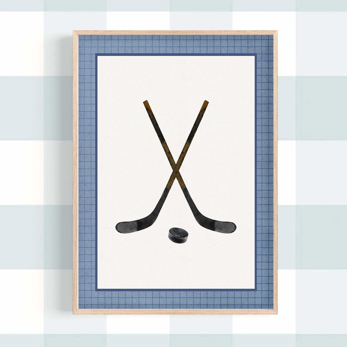 Hockey Sticks Navy Blue Decor Retro Sports Nursery Print