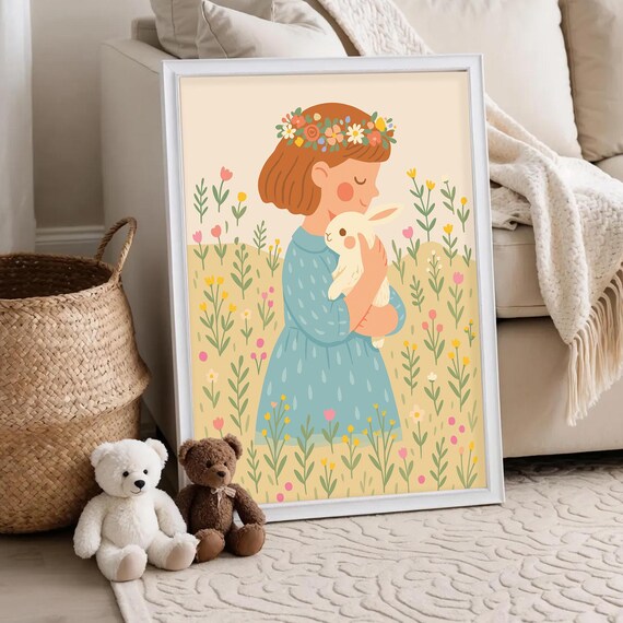 Girl Flower Crown Hugging Bunny Meadow Cute Kids Nursery Poster