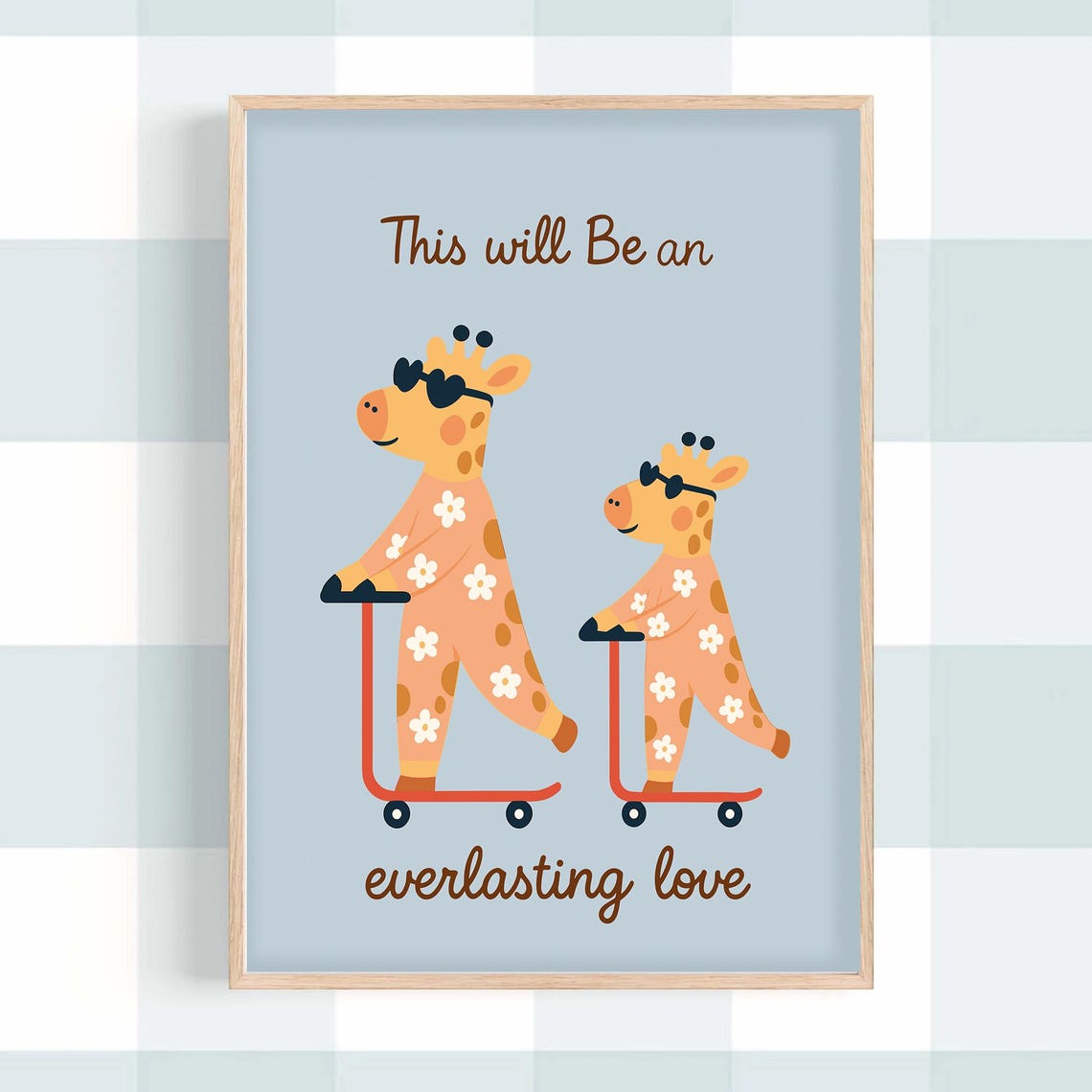 Cute Giraffes Riding Scooters Everlasting Love Nursery Poster