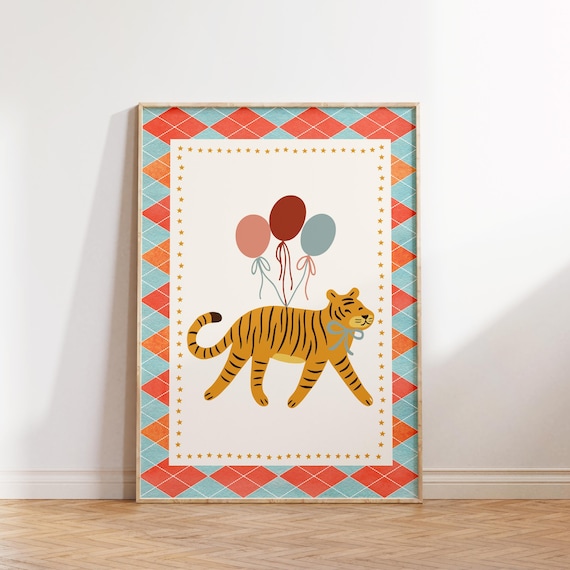 Whimsical Circus Tiger Carrying Colorful Balloons Nursery Wall Art