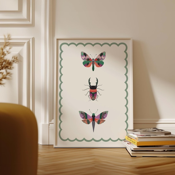Colorful Moths Butterfly Stag Beetle Scalloped Frame Kids Poster