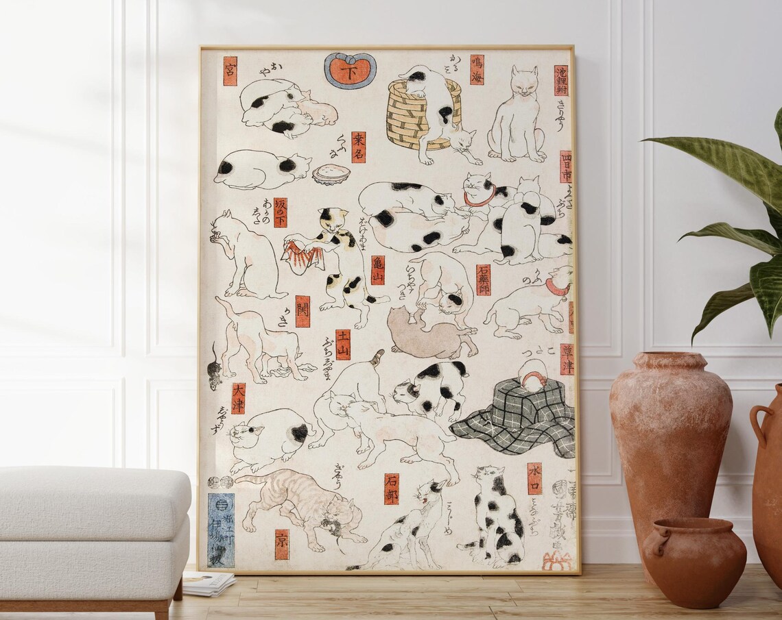 Kuniyoshi Cats Vintage Japanese Ukiyo-e Cat Woodblock Illustration Print