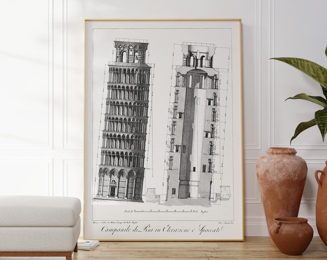 Leaning Tower Of Pisa Blueprint Art Print, Italy