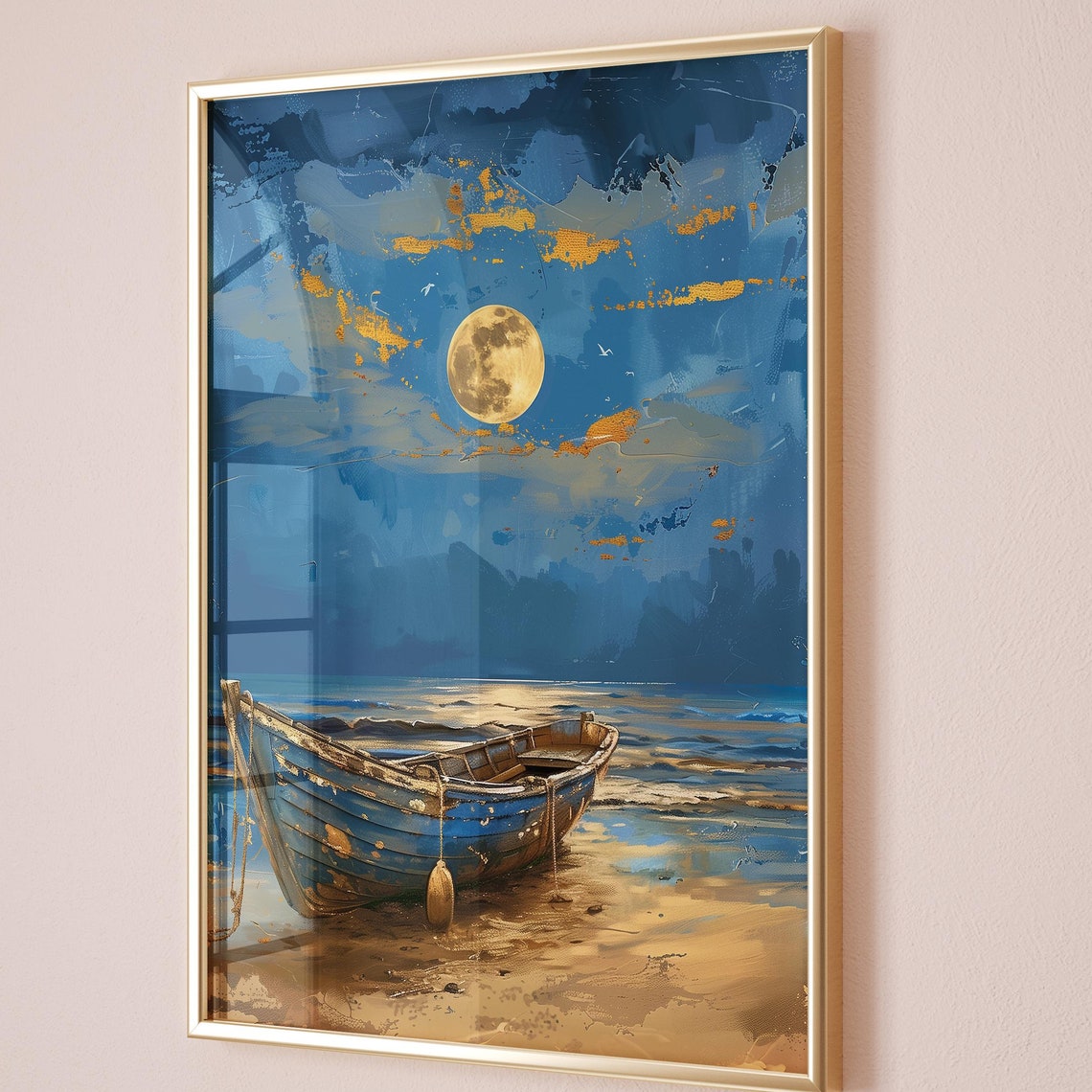 Full Moon Night Boat Beached Blue Coastal Scene Painting Print