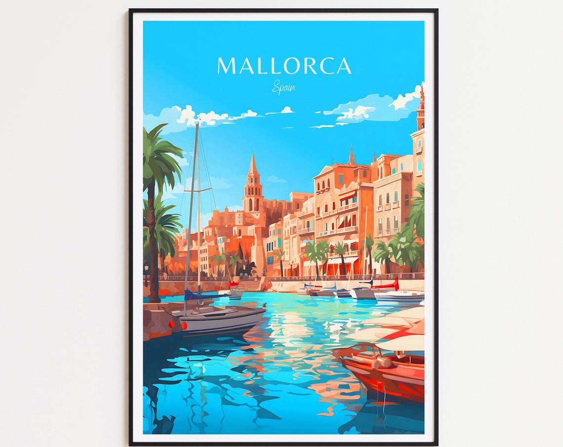 Old Mallorca Spain Harbor Boats Cathedral Vintage Travel Poster