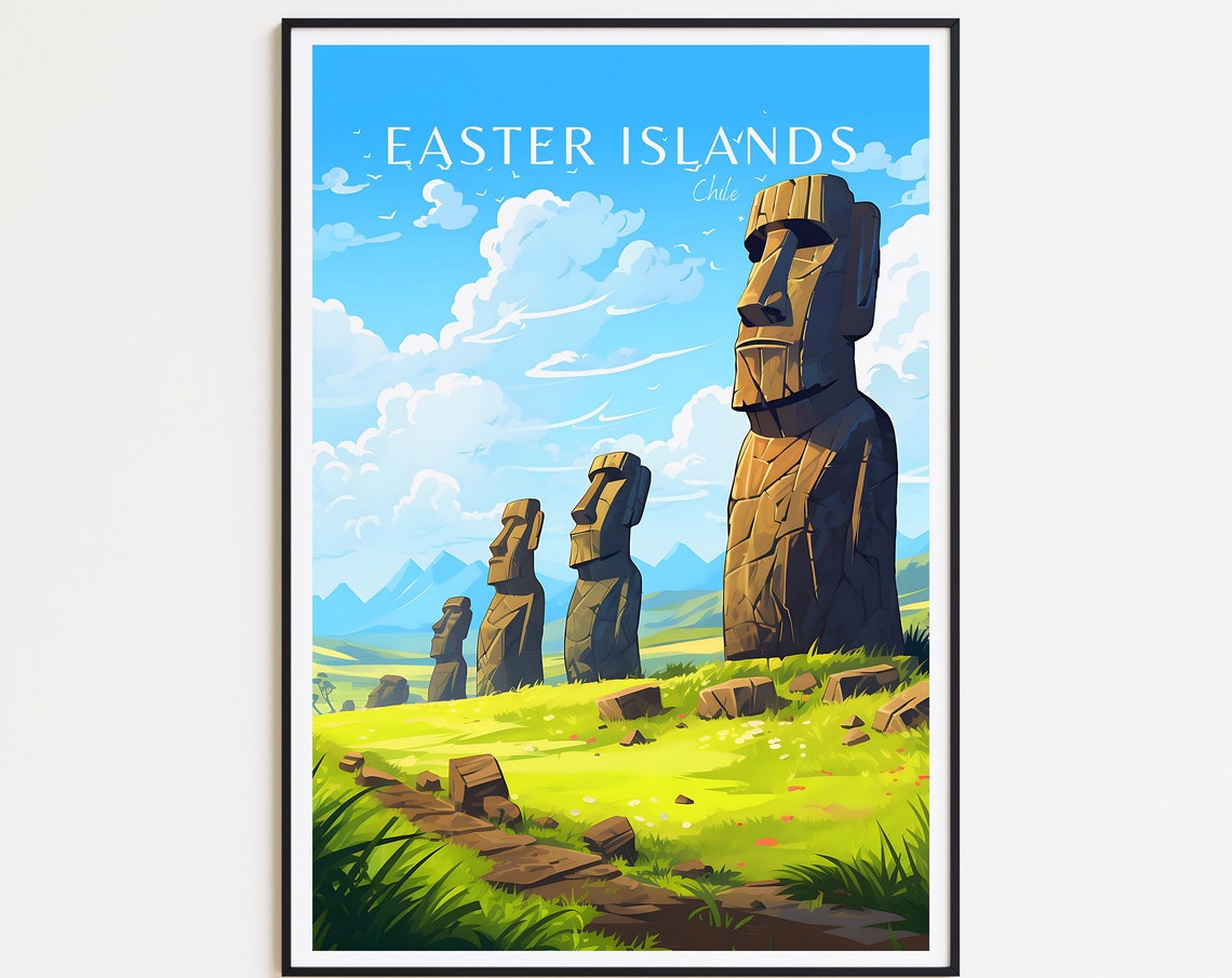 Easter Islands Chile Moai Giants Sunlit Meadow Ancient Stones Poster
