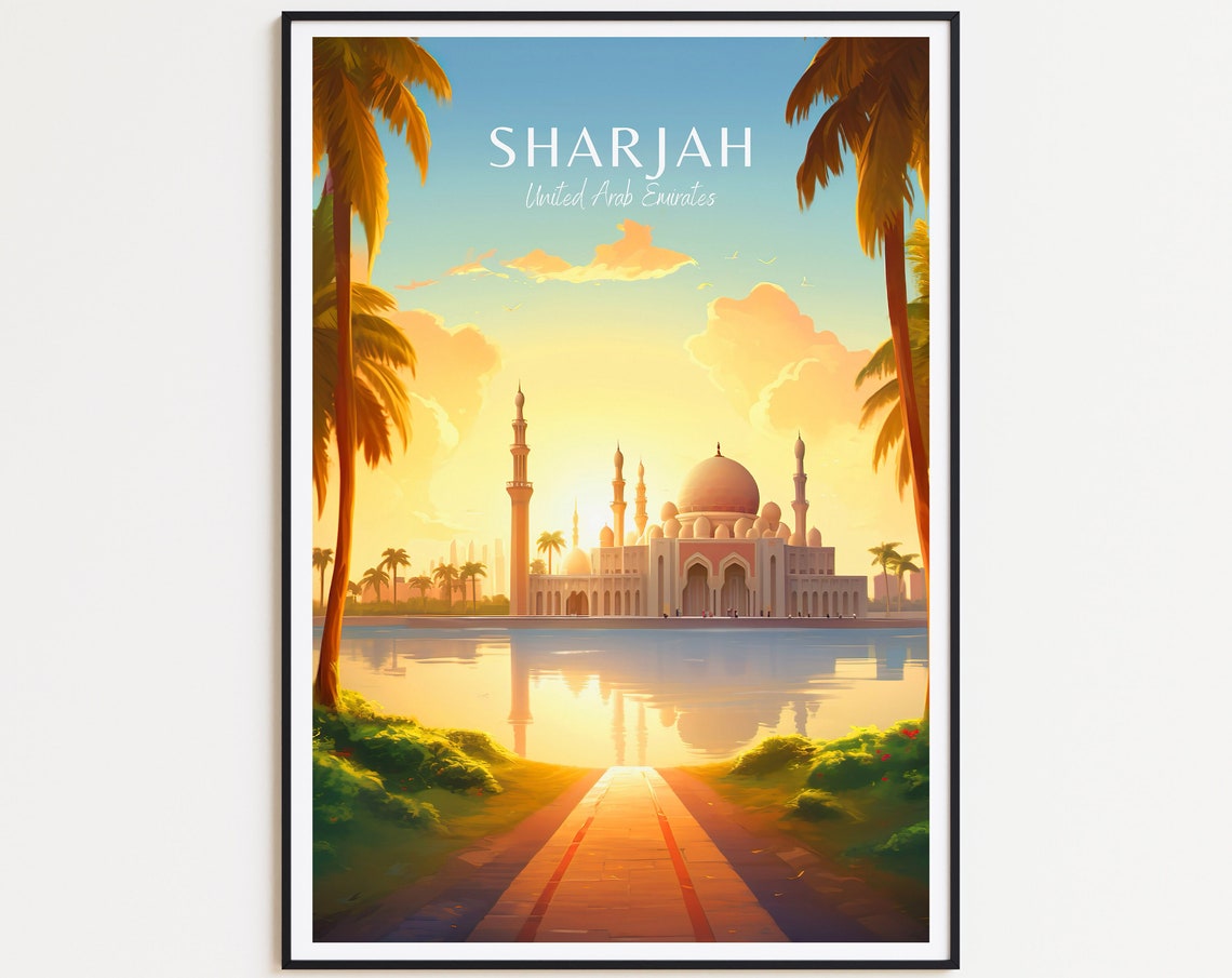 Sharjah UAE Grand Mosque Sunset Lagoon Reflection Travel Poster