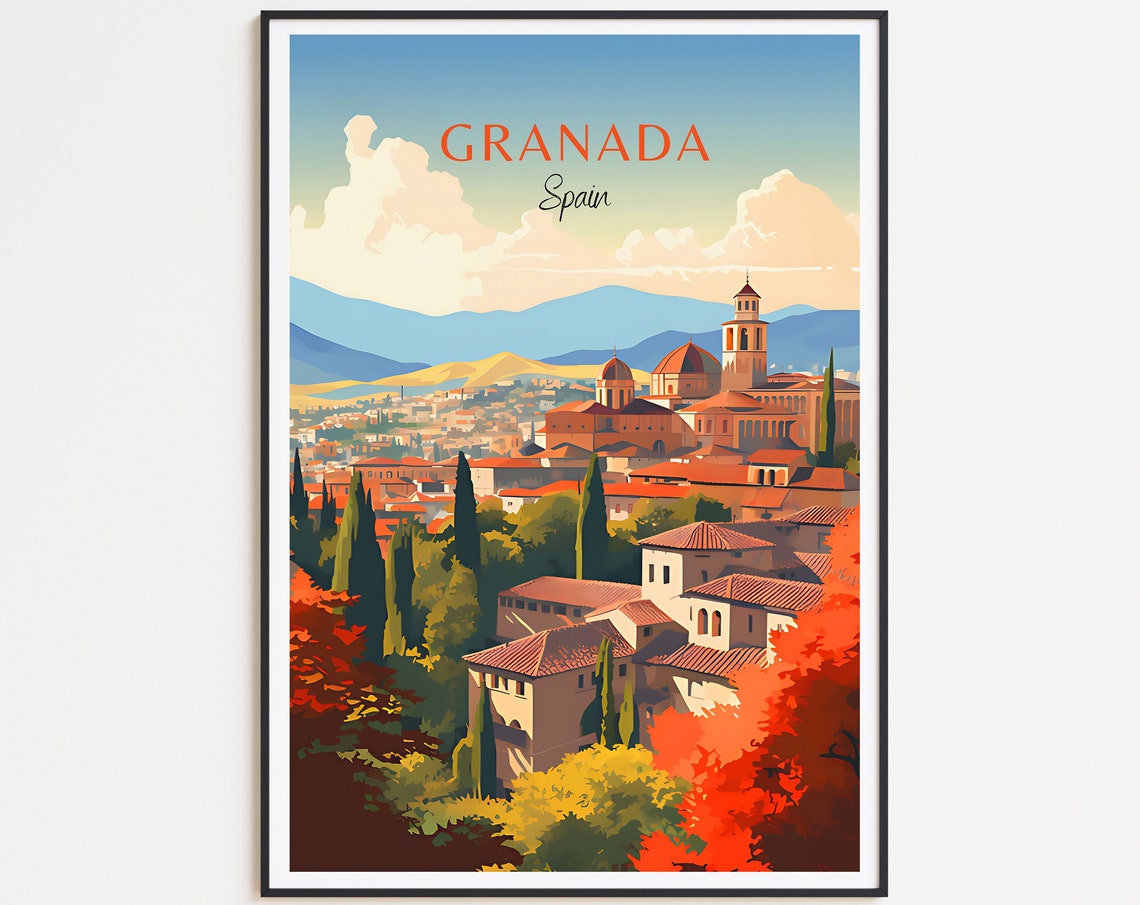 Granada Spain Travel Poster Cathedral Domes Cypress Red Foliage Art