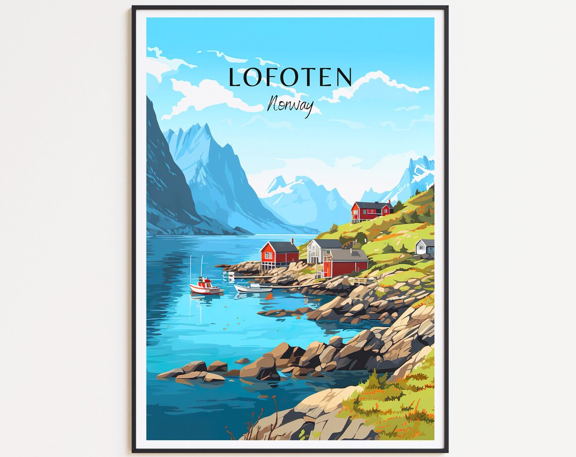 Lofoten Norway Red Fishing Cabins Fjord Peaks Vintage Travel Poster