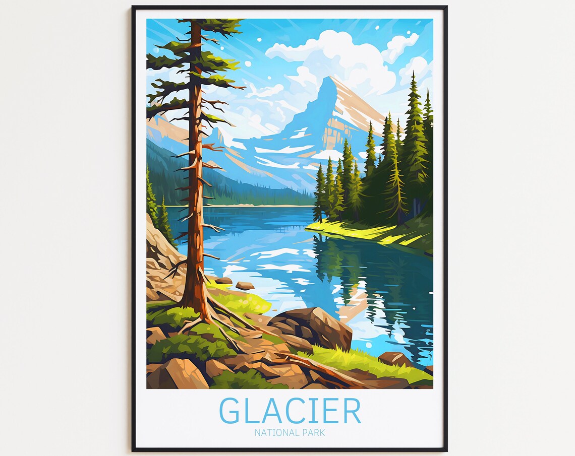 Glacier National Park Alpine Lake Tall Pine Peak Travel Poster