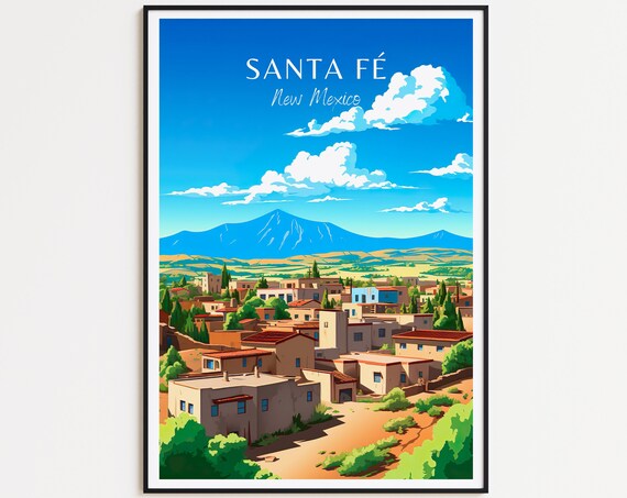 Santa Fe New Mexico Adobe Pueblo Mountain View Travel Poster