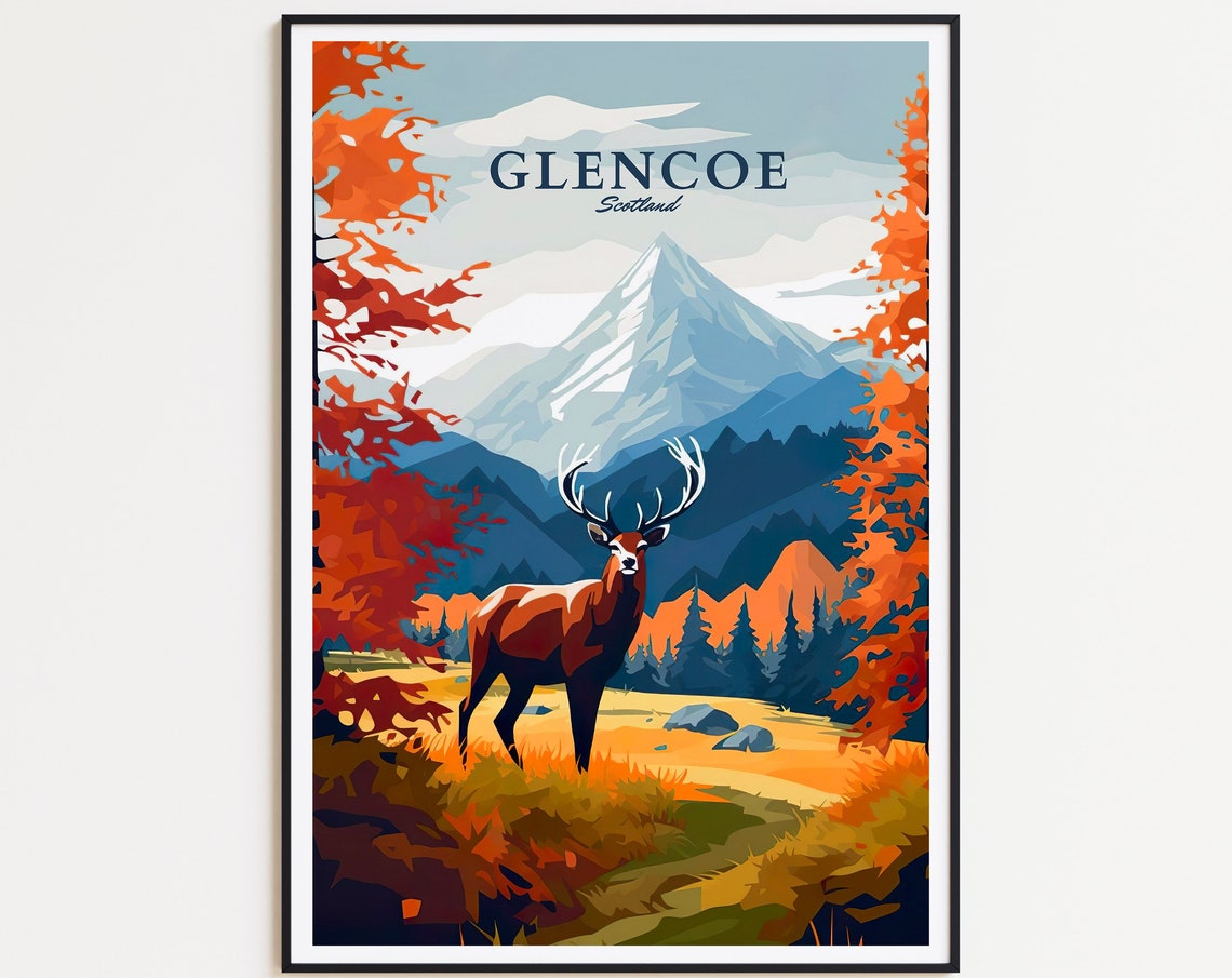 Glencoe Scotland Autumn Stag Mountain Valley Vintage Travel Poster