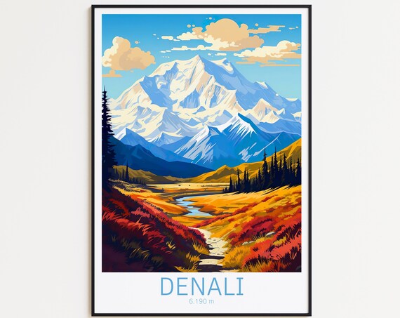 Denali Alaska Peak 6190m Autumn Tundra Vintage Travel Poster