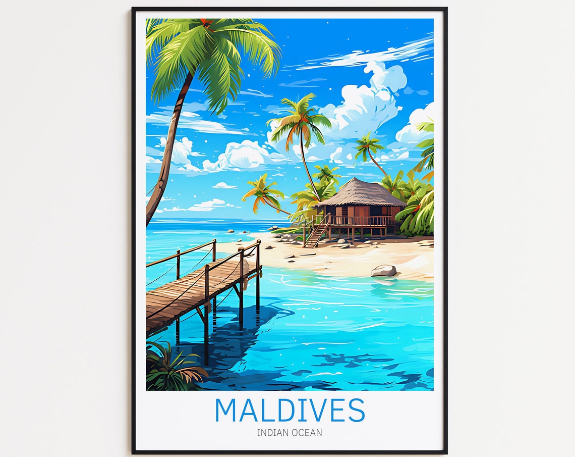 Maldives Indian Ocean Beach Hut Wooden Jetty Tropical Travel Poster