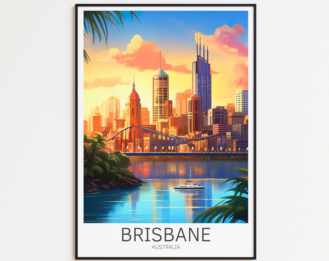 Brisbane Australia River Skyline Golden Sunset Retro Travel Poster