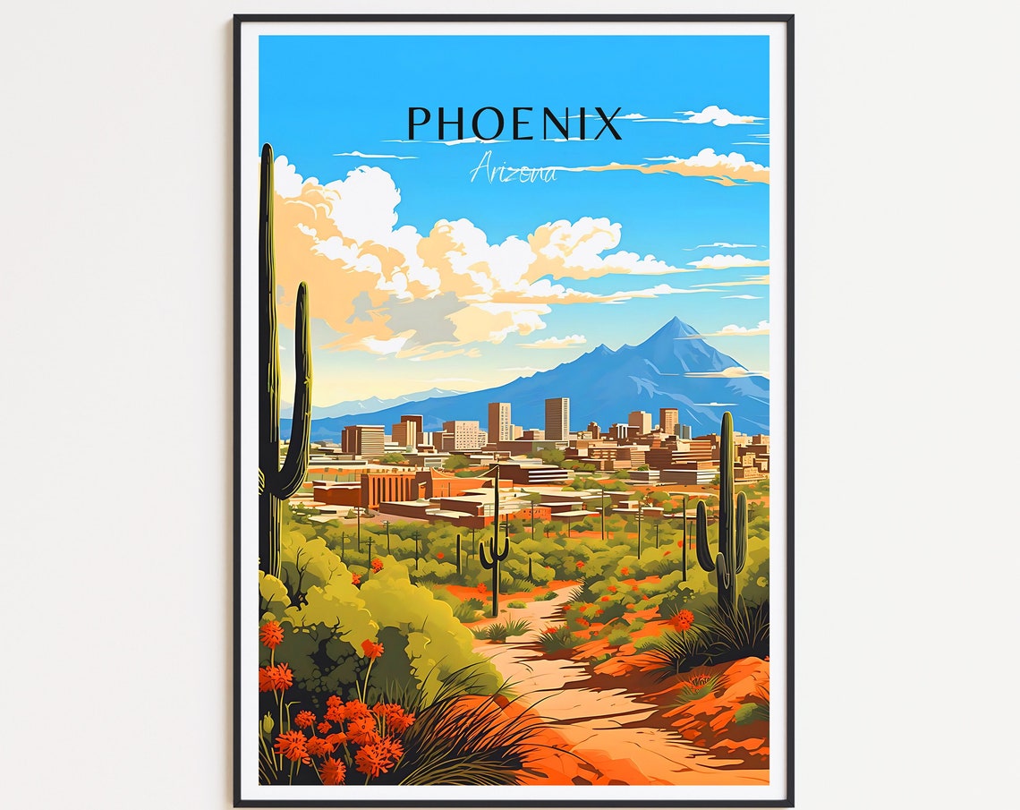 Phoenix Arizona Travel Poster Desert Cactus Bloom City Skyline Art