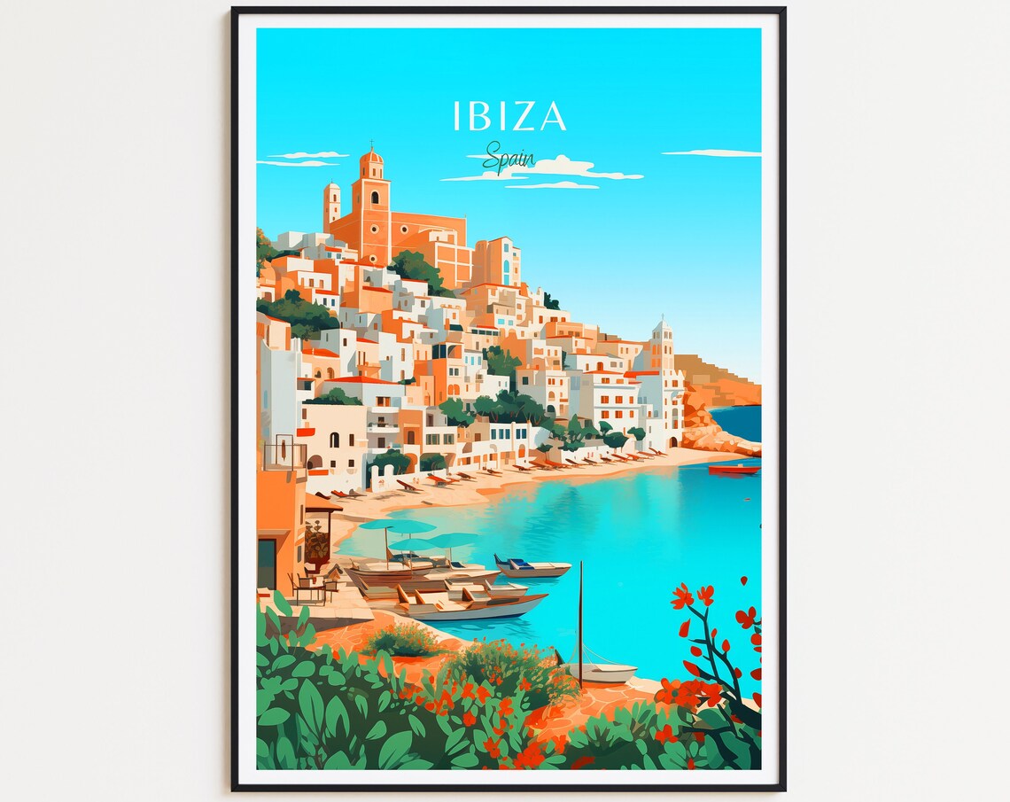 Ibiza Spain Hilltop Old Town Church Bay Boats Mediterranean Poster