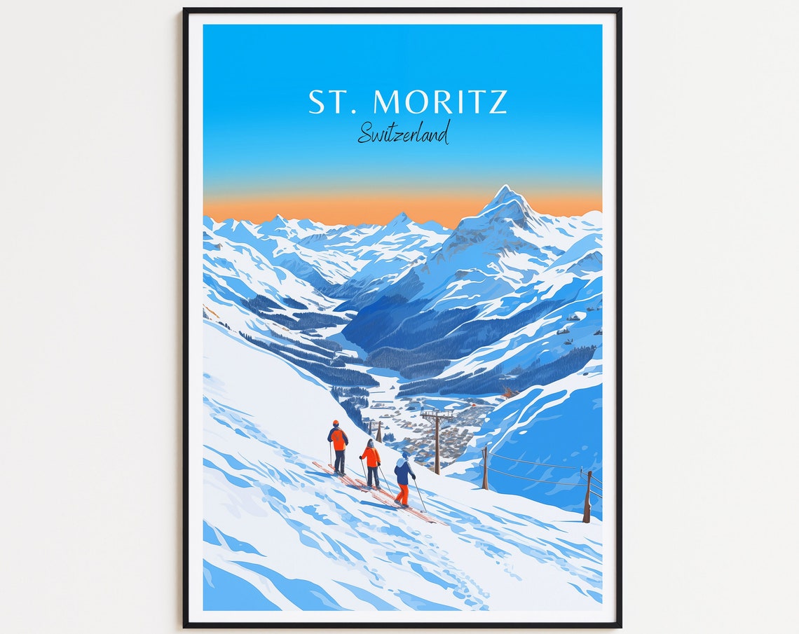 St. Moritz Switzerland Skiers Alpine Slopes Peak View Art Poster