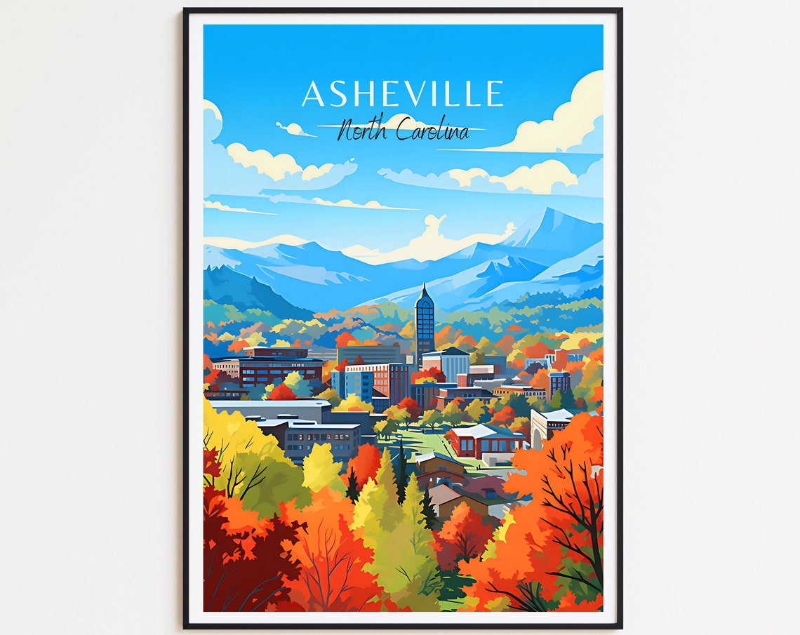Asheville North Carolina Fall Foliage Skyline Vintage Travel Poster