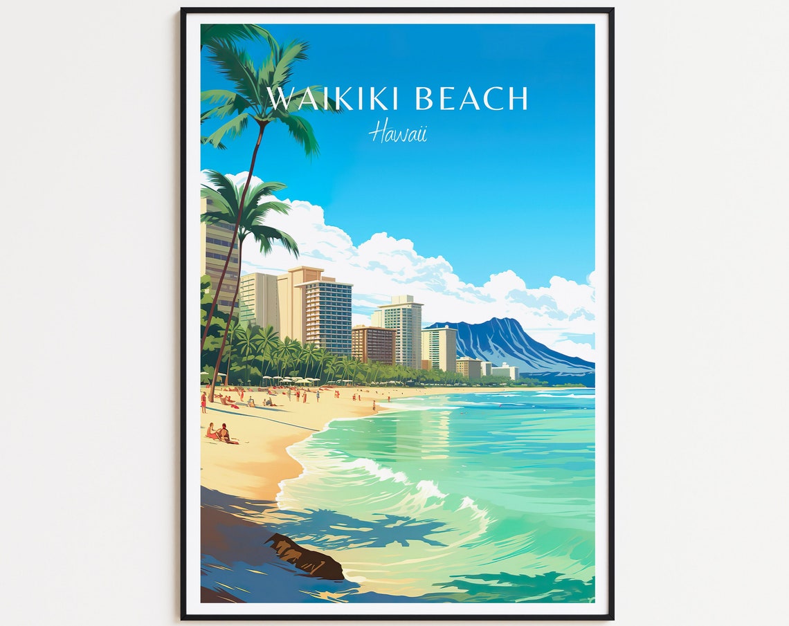 Waikiki Beach Hawaii Diamond Head Palm Sandy Shore Travel Poster