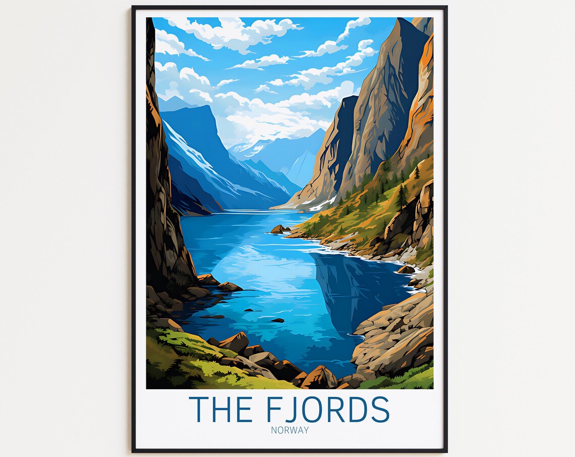 The Fjords Norway Poster Steep Cliffs Blue Water Scenic Travel Art